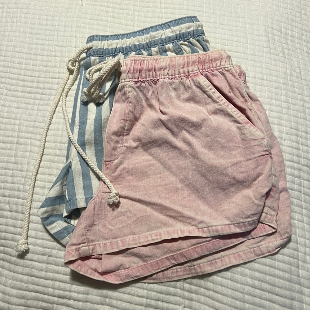 Set of 2 Aerie Tie Front Shorts| Blue and White Striped and Pink Shorts
